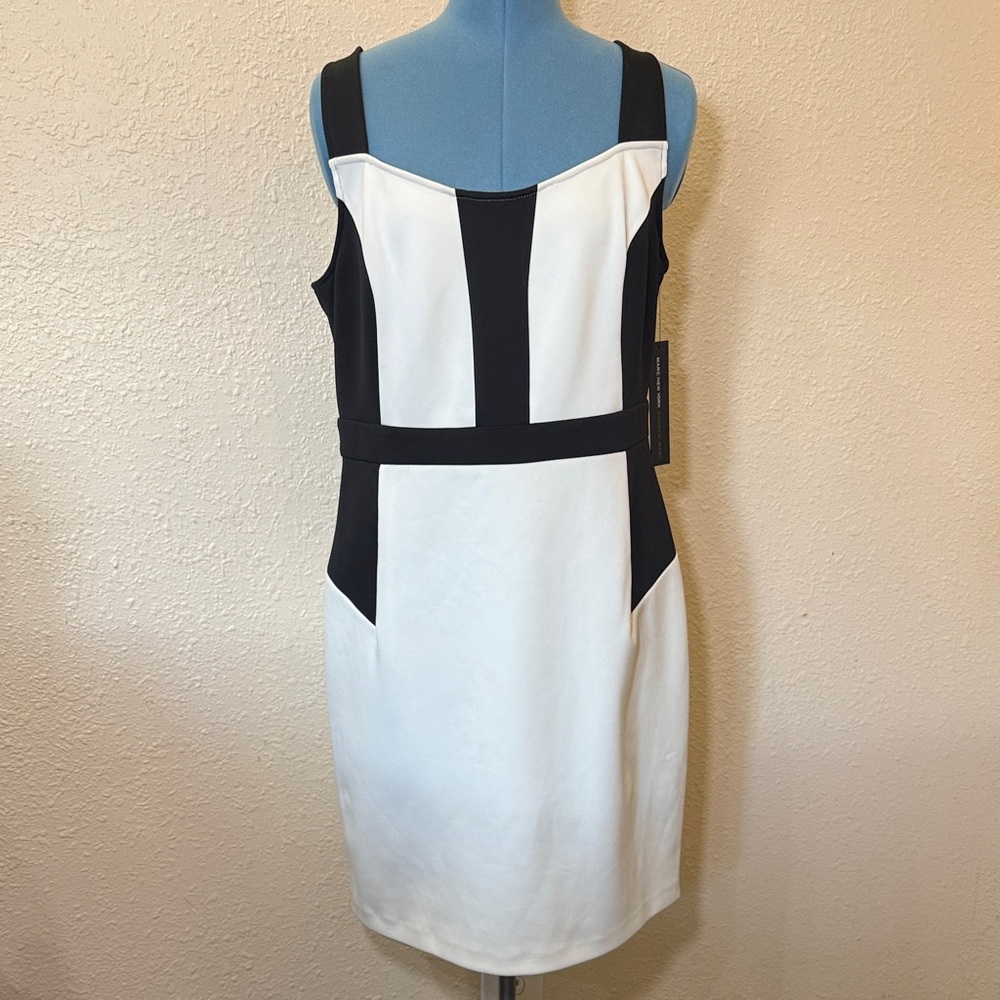 Andrew Marc Black and White Sleeveless Colorblock Sheath Dress